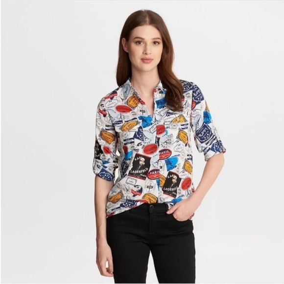 Karl Lagerfeld Multicolor French locales lightweight colorful travel shirt sz S - Picture 1 of 9